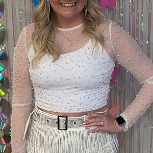 long sleeve beaded mesh top with pearls and rhinestones